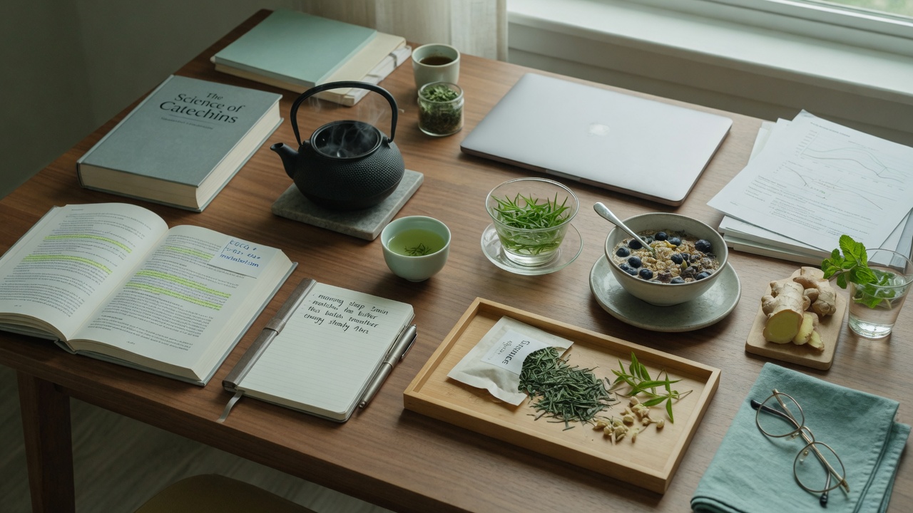 best green tea for health: herbal tea on a desk during a busy workday