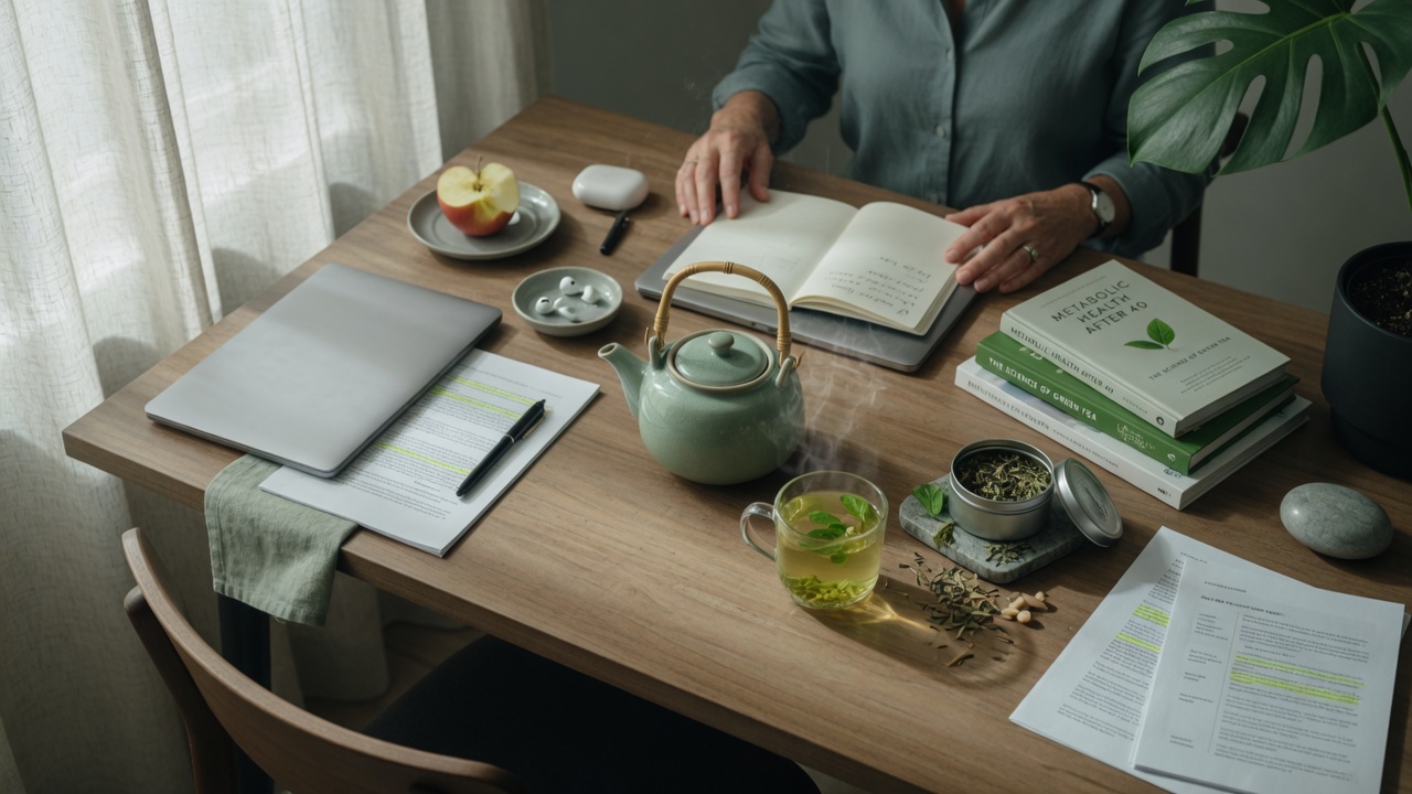 best green tea for weight loss: herbal tea on a desk during a busy workday