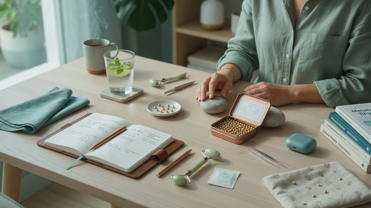 ear seeds for weight loss: herbal tea on a desk during a busy workday