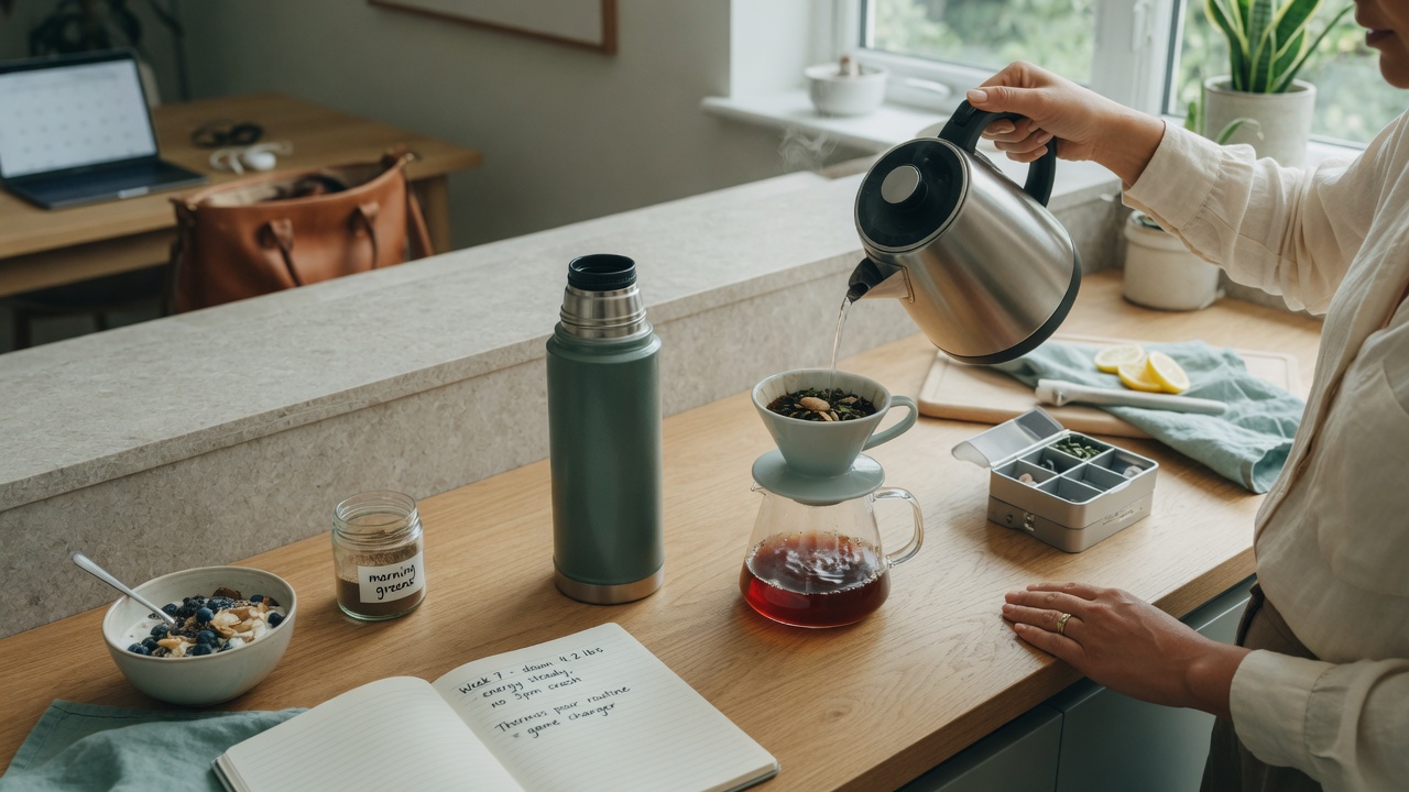 lean weight loss reviews: pouring tea into a travel mug for a simple daily habit